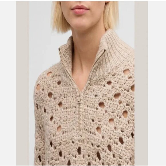 Brunello Cucinelli Paillette Round Open-Weave Cashmere Blend Zip Sweater - Picture 4 of 11